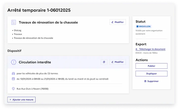 Extrait de formulaire d'arrêté dans DiaLog
